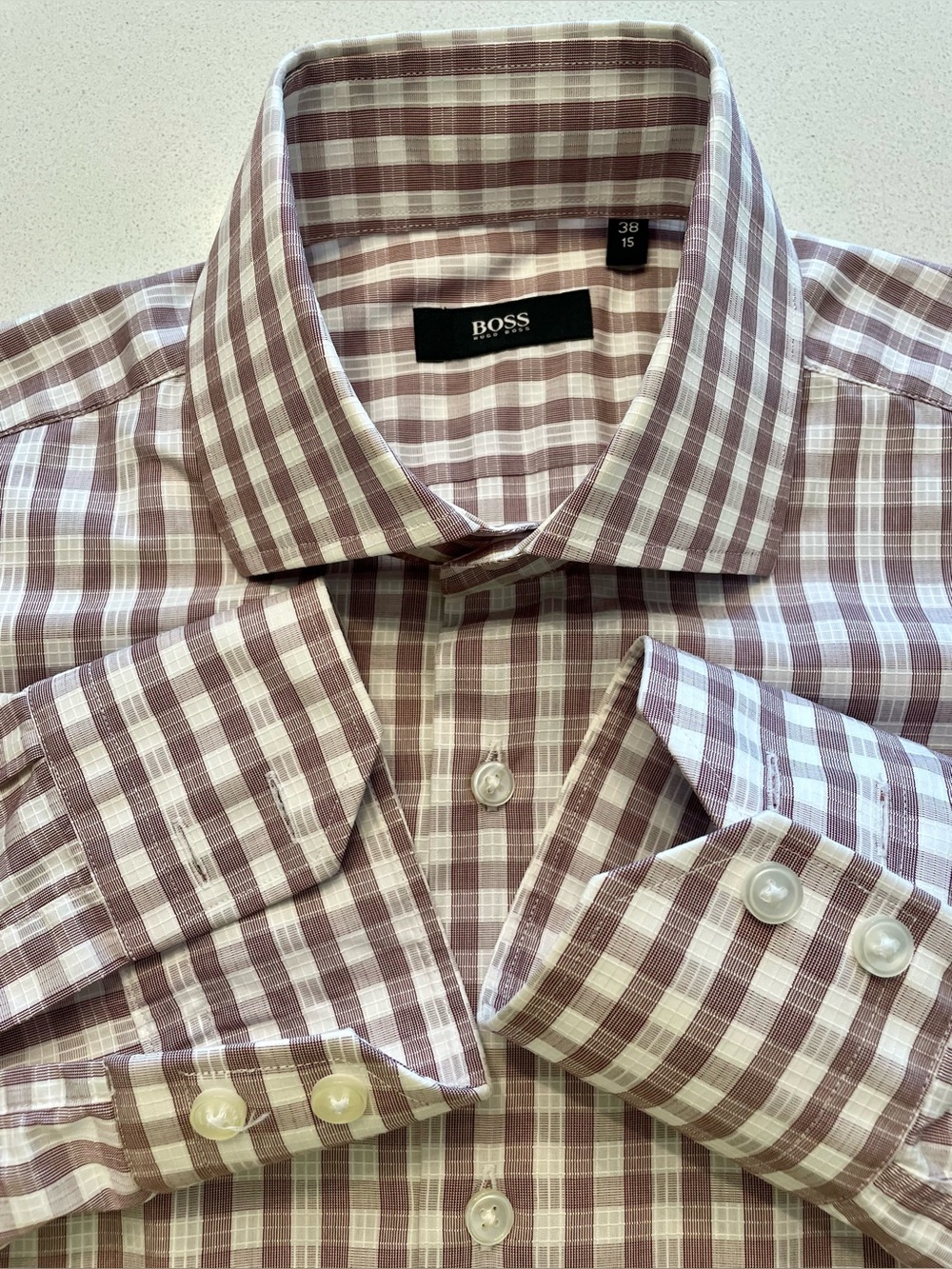 Hugo Boss - all cotton dress shirt Gingham pattern shirt Size 38 (15”neck)